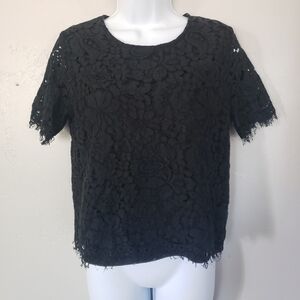 Ellison Women's Medium Black Lace Crop Top Blouse Short Sleeve Lined Shirt
